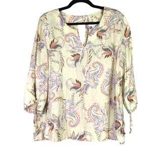 J. Jill Love Linen Paisley Lace Up Sleeve Tunic XL Petite Yellow